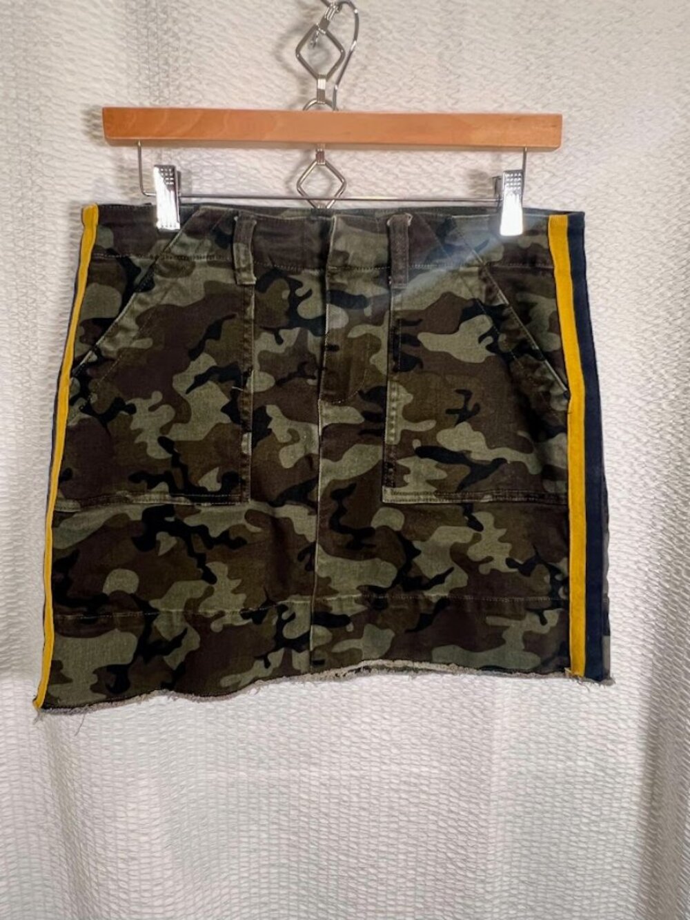 Dear John Skirt Womens 28 Green Camo Mini Denim Jean Raw Hem Stripe